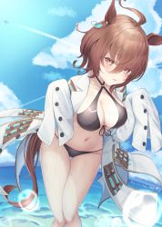 Rule 34 | 1girl, absurdres, agnes tachyon (umamusume), ahoge, aircraft, airplane, animal ears, bikini, black bikini, blue sky, blush, breasts, brown eyes, brown hair, cleavage, cloud, coat, collarbone, commentary request, contrail, day, earrings, front-tie bikini top, front-tie top, hair between eyes, highres, horse ears, horse girl, horse tail, jewelry, lab coat, large breasts, leaning forward, midriff, navel, ocean, open clothes, open coat, outdoors, shirousagi (sirousagi1998), short hair, single earring, sky, sleeves past wrists, solo, sunlight, swimsuit, tail, twitter username, umamusume, wet, white coat