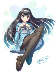 Rule 34 | 1girl, black hair, black pantyhose, blue dress, blue eyes, blush, brown footwear, cuffs, dated, dress, full body, hairband, huyukaaki, knees up, lace, loafers, long hair, long sleeves, looking at viewer, necktie, original, own hands clasped, own hands together, pantyhose, shoes, simple background, smile, solo, striped clothes, striped dress, very long hair