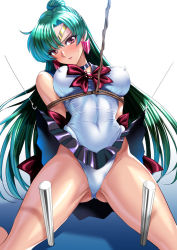 Rule 34 | 1girl, bishoujo senshi sailor moon, black choker, black sailor collar, black skirt, bound, bow, breasts, breasts apart, choker, commentary request, covered erect nipples, covered navel, cowboy shot, dark-skinned female, dark skin, earrings, gluteal fold, green hair, highleg, highleg leotard, jewelry, large breasts, leotard, long hair, looking at viewer, magical girl, meiou setsuna, pleated skirt, red bow, restrained, rope, sailor collar, sailor pluto, sailor senshi uniform, sen (sansui), shiny clothes, skirt, solo, tiara, tied up, white leotard