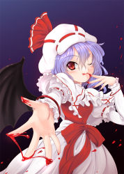 Rule 34 | 1girl, ascot, bat wings, blood, blood on hands, blush, bow, licking finger, hat, hat bow, licking, light purple hair, nekohane ryou, one eye closed, red eyes, remilia scarlet, solo, touhou, wings
