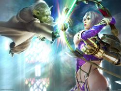 Rule 34 | 00s, 1boy, 1girl, 2008, ass, battle, breasts, cloak, colored skin, crossover, determined, disney, energy, energy sword, energy weapon, fighting, glowing, glowing sword, glowing weapon, green eyes, green skin, highres, isabella valentine, large breasts, lightsaber, lipstick, makeup, metal gloves, mature female, namco, official art, red lips, silver hair, soul calibur, soulcalibur, soulcalibur iv, stained glass, star wars, sword, thick thighs, thighs, transforming weapon, weapon, whip, whip sword, yoda