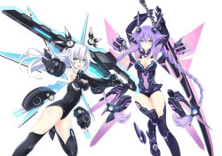 Rule 34 | 2girls, :d, bad id, bad pixiv id, black heart (neptunia), blue eyes, braid, breasts, cleavage, elbow gloves, gloves, headgear, highres, holding, holding sword, holding weapon, leotard, long hair, looking at viewer, medium breasts, multiple girls, navel, neptune (neptunia), neptune (series), noire (neptunia), open mouth, power symbol, power symbol-shaped pupils, purple eyes, purple hair, purple heart (neptunia), sedo rei08, smile, sword, symbol-shaped pupils, thighhighs, twin braids, very long hair, weapon, white background, white hair, wings, zero (ray 0805)