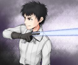 Rule 34 | 1boy, beam saber, black eyes, black gloves, closed mouth, coat, commentary request, energy, energy beam, energy blade, gloves, glowing, glowing weapon, grey background, hand up, kihara kagun, long hair, male focus, shin (highest1192), short hair, solo, spiked hair, toaru majutsu no index, toaru majutsu no index: new testament, upper body, v-shaped eyebrows, weapon, white coat