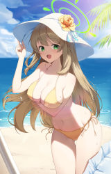 Rule 34 | 1girl, :d, absurdres, beach, bikini, blue archive, blue sky, blush, breast hold, breasts, brown hair, cleavage, cloud, collarbone, commentary request, cowboy shot, day, flower, green eyes, halo, hat, hat flower, highres, horizon, large breasts, leaning forward, light brown hair, long hair, looking at viewer, navel, nonomi (blue archive), ocean, open mouth, outdoors, palm tree, pengin, revision, sand, sky, smile, solo, stomach, string bikini, sun hat, swimsuit, thighs, tree, water, wet, yellow bikini