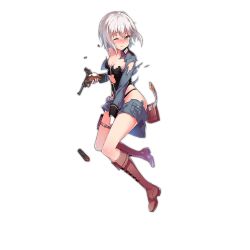 Rule 34 | 1girl, blush, boots, brown eyes, covering privates, covering crotch, full body, girls&#039; frontline, gloves, gun, handgun, knee boots, looking at viewer, luger p08, nightmaremk2, official art, p08 (girls&#039; frontline), pistol, short hair, silver hair, skirt, solo, thigh strap, torn clothes, torn skirt, transparent background, weapon