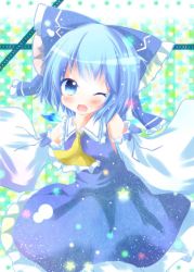 Rule 34 | 1girl, alternate color, ascot, blue eyes, blue hair, blush, bow, cirno, cosplay, detached sleeves, fang, hair bow, hakurei reimu, hakurei reimu (cosplay), japanese clothes, matching hair/eyes, miko, one eye closed, open mouth, player 2, short hair, smile, solo, touhou, wink, yuya (minus-k)