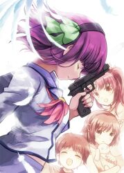 Rule 34 | 1boy, 3girls, angel beats!, black hairband, blue sailor collar, blunt bangs, bow, brother and sister, closed eyes, commentary request, falling feathers, feathers, floating hair, from side, green bow, gun, hair bow, hairband, handgun, head down, kusarukusa, long sleeves, medium hair, multiple girls, nakamura yuri, neckerchief, nose, pink neckerchief, profile, purple hair, sailor collar, sepia, serious, shinda sekai sensen uniform, shirt, siblings, simple background, sisters, straight hair, upper body, v-shaped eyebrows, weapon, white background, white feathers, white shirt