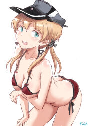 Rule 34 | 1girl, anchor hair ornament, ass, bikini, blonde hair, breasts, butt crack, cleavage, collarbone, commentary request, fuji (pixiv24804665), green eyes, grey hat, hair ornament, hat, highres, kantai collection, leaning forward, long hair, looking at viewer, low twintails, medium breasts, micro bikini, open mouth, peaked cap, prinz eugen (kancolle), red bikini, round teeth, side-tie bikini bottom, simple background, smile, solo, swimsuit, teeth, twintails, upper teeth only, white background