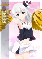 Rule 34 | 1girl, artist name, bow, character name, cheerleader, commentary request, cowboy shot, crop top, crop top overhang, flat chest, grey eyes, hair between eyes, hair bow, highres, holding, holding pom poms, inaba shiki, kantai collection, long hair, looking at viewer, miniskirt, navel, one side up, parted lips, pleated skirt, pom pom (cheerleading), pom poms, shirt, skirt, sleeveless, sleeveless shirt, solo, suzutsuki (kancolle), white hair, white skirt