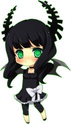 Rule 34 | 10s, 1girl, bad id, bad pixiv id, black dress, black hair, black rock shooter, blush, chibi, curly hair, dead master, demon wings, dress, frown, full body, green eyes, horns, moorina, pout, solo, transparent background, tsundere, wings