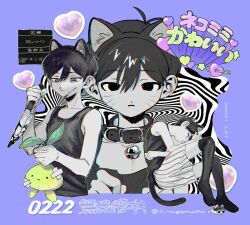 Rule 34 | 0 mugamuchu, 1boy, animal ears, artist name, bell, black eyes, black hair, black tank top, black thighhighs, blood, blood on face, bloody weapon, cat boy, cat ears, cat tail, closed mouth, collar, facial mark, fake animal ears, fake tail, hairband, heart, holding, holding knife, knife, neck bell, omori, omori (omori), purple background, short hair, simple background, solo, sprout mole, tail, tank top, thighhighs, translation request, twitter username, weapon, whisker markings