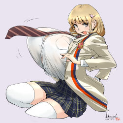 Rule 34 | 10s, 1girl, blonde hair, breasts, brown eyes, bursting breasts, female focus, gigantic breasts, grey eyes, hair ornament, hairclip, haruoh, jacket, looking at viewer, miniskirt, narusawa ryouka, necktie, occultic;nine, open clothes, open mouth, school uniform, shirt, short hair, signature, simple background, sitting, skirt, solo, thighhighs, uniform, white shirt, white thighhighs, yokozuwari