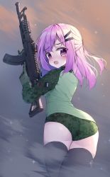 Rule 34 | 1girl, absurdres, ak-104, ass, assault rifle, blush, breasts, camouflage, camouflage jacket, camouflage shorts, cloud, commentary, gloves, green gloves, green jacket, green shorts, grey thighhighs, gun, hair between eyes, hair ornament, hairclip, half updo, hand up, highres, holding, holding gun, holding weapon, jacket, looking at viewer, looking back, open mouth, original, outdoors, pink hair, purple eyes, rifle, russian commentary, scope, short shorts, shorts, sidelocks, sky, small breasts, solo, tandohark, thighhighs, trigger discipline, weapon