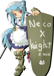 Rule 34 | 1girl, aize, animal ears, apron, aqua hair, armor, blue hair, boots, bow, cat ears, cat tail, gauntlets, knight, long hair, maid, maid apron, red eyes, ribbon, shield, simple background, solo, sword, tail, weapon