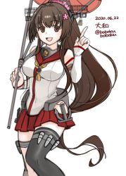 Rule 34 | 1girl, asymmetrical legwear, black thighhighs, bobokuboboku, brown hair, character name, cherry blossoms, commentary request, dated, detached sleeves, flower, hair flower, hair ornament, headgear, highres, hip vent, index finger raised, kantai collection, long hair, looking at viewer, oil-paper umbrella, one-hour drawing challenge, pleated skirt, ponytail, red skirt, red umbrella, simple background, single thighhigh, skirt, solo, thighhighs, twitter username, umbrella, uneven legwear, white background, yamato (kancolle), z flag