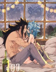 Rule 34 | 1boy, 1girl, abs, alcohol, arms around waist, backless dress, backless outfit, bad id, bad twitter id, belt, black dress, black hair, blue hair, blush, commentary, cup, dress, drinking glass, english commentary, fairy tail, gajeel redfox, hetero, indoors, jewelry, levy mcgarden, long hair, looking at another, necklace, night, night sky, on bed, pants, pillow, profile, rusky, scar, scar on arm, short dress, sidelocks, size difference, sky, smile, torso, window, wine, wine glass