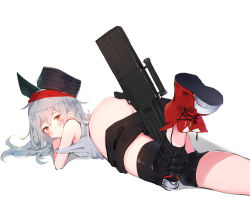 Rule 34 | 1girl, aak, absurdres, ass, assault rifle, bad id, bad pixiv id, bare shoulders, bike shorts, black hat, black shorts, blush, blush stickers, brown eyes, bullpup, caseless firearm, closed mouth, clothes pull, commentary request, convenient censoring, g11 (girls&#039; frontline), girls&#039; frontline, grey tank top, gun, h&amp;k g11, hair between eyes, hat, highres, horizontal magazine, knee pads, long hair, looking at viewer, looking back, lying, name connection, object namesake, on stomach, partially visible vulva, personification, prototype design, red footwear, rifle, scope, shadow, shoes, short shorts, shorts, shorts pull, silver hair, solo, tank top, weapon, white background