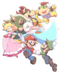 Rule 34 | 2girls, 4boys, :d, :o, ^ ^, aqua dress, arm up, armlet, bandana, bare shoulders, blonde hair, blue eyes, blue hair, blue pants, blush, bowser, bowser jr., bracelet, bright pupils, brooch, brothers, brown footwear, brown hair, buttons, claws, closed eyes, closed mouth, collarbone, crown, dress, earrings, elbow gloves, eyelashes, facial hair, fang, father and son, floating hair, frilled sleeves, frills, full body, gloves, green headwear, green shirt, hair over one eye, hat, holding hands, hoshikuzu pan, jewelry, jumping, lips, long hair, long sleeves, looking at another, luigi, mario, mario (series), mini crown, multiple boys, multiple girls, mustache, nintendo, off-shoulder dress, off shoulder, one eye closed, one eye covered, open mouth, outstretched arms, overalls, pants, parted bangs, parted lips, pink dress, ponytail, princess peach, puffy short sleeves, puffy sleeves, red hair, red headwear, red shirt, rosalina, sharp teeth, shell, shirt, shoes, short hair, short sleeves, siblings, sidelocks, simple background, smile, spiked armlet, spiked bracelet, spiked shell, spikes, star (symbol), star earrings, swept bangs, teeth, turtle shell, upper teeth only, white background, white bandana, white gloves, white pupils, wide sleeves
