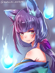 Rule 34 | 1girl, animal ears, bare shoulders, blunt bangs, blush, brown eyes, fang, fang out, fire, fox ears, from side, glowing, hair ribbon, hitodama, japanese clothes, kimono, long hair, looking at viewer, looking back, low ponytail, mataichi mataro, off shoulder, ole tower, orange eyes, ponytail, purple hair, ribbon, sidelocks, soldering iron (ole tower), solo, twitter username, upper body