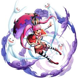 Rule 34 | 1girl, boots, bow, breasts, cape, capelet, crown, devil fruit, drill hair, full body, holding, holding umbrella, horo horo no mi, large breasts, looking at viewer, nanako (skr7k), one piece, one piece: bounty rush, perona, pink hair, smile, solo, striped clothes, striped thighhighs, thigh boots, thighhighs, twintails, umbrella, wide hips