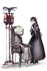 Rule 34 | 2girls, adella the nun, barefoot, black hair, bloodborne, boots, bound, capelet, dress, gloves, high heel boots, high heels, hospital gown, intravenous drip, long hair, multiple girls, murai shinobu, own hands together, sack, saint adeline, simple background, smile, spoilers, the old hunters, tied up (nonsexual)