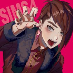 Rule 34 | 1boy, bad id, bad pixiv id, black nails, blue eyes, blush, brown hair, brown jacket, claw pose, copyright name, earrings, english text, fangs, fingernails, fur-trimmed jacket, fur-trimmed sleeves, fur trim, highres, jacket, jewelry, male focus, nail polish, open clothes, open jacket, open mouth, pink background, shousan (hno3syo), simple background, single earring, solo, teeth, the sims, tongue, upper body