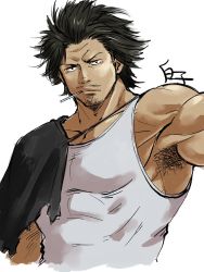 Rule 34 | 1boy, armpit hair, armpits, bara, black capelet, black clover, black hair, capelet, covered abs, dark-skinned male, dark skin, facial hair, frown, goatee, highres, large pectorals, looking at viewer, male focus, mature male, messy hair, muscular, muscular male, pectorals, shirako (kirupi), short hair, sidepec, single bare shoulder, solo, stubble, tank top, torn capelet, torn clothes, upper body, white tank top, yami sukehiro