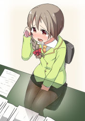 Rule 34 | 1girl, black pantyhose, black skirt, blush, bow, braid, brown eyes, brown hair, cellphone, chair, desk, embarrassed, female focus, formal, green jacket, hair bow, hair ornament, hand up, have to pee, holding, idolmaster, idolmaster cinderella girls, jacket, long sleeves, minamimachi naname, necktie, open mouth, pantyhose, paper, peeing, peeing self, pencil skirt, phone, red bow, senkawa chihiro, shirt, simple background, single braid, skirt, skirt tug, solo, suit, tears, teeth, wet, wet clothes, white background, white shirt, x-ray, yellow necktie