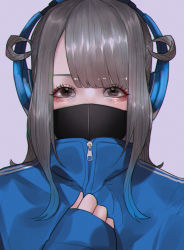 1girl absurdres adidas bad_id bad_pixiv_id brown_eyes close-up grey_hair hair_rings headphones highres jacket mano_aaa mask mouth_mask original real_life solo track_jacket