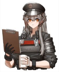 Rule 34 | 1girl, arknights, black hat, bulletproof vest, cheogtanbyeong, dragon girl, dragon horns, earclip, gloves, hat, highres, horns, id card, official alternate costume, orange eyes, police, police hat, police uniform, saria (arknights), saria (the law) (arknights), simple background, sleeves rolled up, solo, tactical clothes, uniform, upper body, walkie-talkie, white background