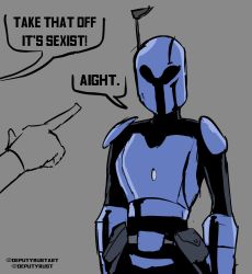 Rule 34 | 1girl, 1other, antenna mast, armor, breastplate, commentary, deputy rust, english text, grey background, helmet, highres, mandalorian, pointing, pointing at another, rahab (deputy rust), solo focus, speech bubble, star wars, the mandalorian