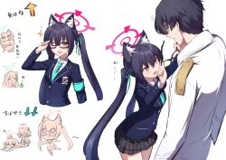 Rule 34 | 1boy, 5girls, :d, afrody, animal ear fluff, animal ears, aqua necktie, armband, ayane (blue archive), black-framed eyewear, black hair, blazer, blue archive, blue eyes, blue jacket, blush, buttoned cuffs, buttons, cat ears, check translation, chibi, coat, fang, foreclosure task force (blue archive), glasses, grey skirt, hair between eyes, halo, highres, hoshino (blue archive), id card, jacket, long hair, long sleeves, looking at viewer, multiple girls, necktie, nonomi (blue archive), notice lines, one eye closed, open mouth, partially translated, plaid, plaid skirt, problem solver sensei (blue archive), red eyes, sensei (blue archive), serika (blue archive), shiroko (blue archive), short hair, simple background, sketch, skin fang, skirt, smile, sweat, translation request, twintails, white background, white coat