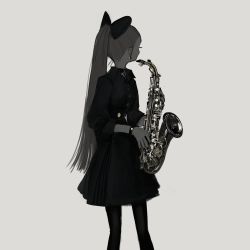 Rule 34 | 1girl, black nails, bow, dress, earrings, facing away, fingernails, hair bow, highres, holding, instrument, jewelry, long hair, long sleeves, nail polish, narue, original, pantyhose, ponytail, saxophone, solo, standing, very long hair, wristband