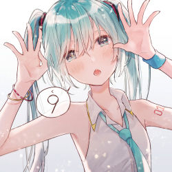 Rule 34 | 1girl, aqua eyes, aqua hair, aqua necktie, bare shoulders, blush, bracelet, commentary, hair ornament, hands up, hatsune miku, jewelry, light blush, light particles, long hair, looking at viewer, necktie, necojishi, open mouth, outstretched hand, shirt, shoulder tattoo, sleeveless, sleeveless shirt, solo, speech bubble, tattoo, twintails, upper body, very long hair, vocaloid, white shirt