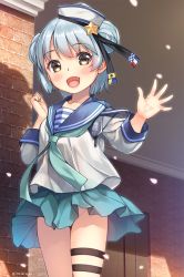 Rule 34 | 1girl, blue hair, blush, breasts, collarbone, commentary request, dixie cup hat, double bun, fang, hat, imachireki, kantai collection, looking at viewer, military hat, miniskirt, no panties, open mouth, petals, sailor collar, sailor shirt, samuel b. roberts (kancolle), shirt, short hair, small breasts, solo, twitter username, waving, yellow eyes