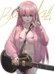 Rule 34 | 1girl, absurdres, blue eyes, bocchi the rock!, bra, breasts, cleavage, collarbone, cube hair ornament, electric guitar, frilled bra, frills, gotoh hitori, guitar, hair between eyes, hair ornament, highres, holding, holding instrument, instrument, jacket, large breasts, long hair, long sleeves, looking at viewer, navel, one side up, open clothes, open mouth, panties, pink hair, pink jacket, salmon88, simple background, smile, solo, sweat, thighs, track jacket, underwear, v, white bra