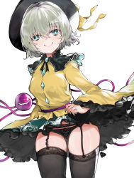 1girl :&gt; appleseed_(appleseed_art) bad_id bad_pixiv_id black_hat black_panties black_thighhighs blouse blush bow breasts bright_pupils brooch closed_mouth cowboy_shot eyeball frilled_shirt_collar frills garter_belt green_eyes green_skirt hair_between_eyes hat hat_bow jewelry koishi_day komeiji_koishi long_sleeves looking_at_viewer medium_breasts panties petticoat shirt short_hair silver_hair simple_background skirt smile solo thighhighs third_eye touhou underwear upskirt white_background wide_sleeves yellow_bow yellow_shirt