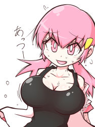 Rule 34 | 1girl, :d, bare shoulders, black tank top, blush, bouncing breasts, breasts, bright pupils, cleavage, collarbone, creatures (company), dot nose, eyelashes, fang, furrowed brow, game freak, gym leader, hair ornament, hairclip, highres, kurachi mizuki, large breasts, medium hair, motion lines, nintendo, open clothes, open mouth, open shirt, pink eyes, pink hair, pokemon, pokemon hgss, shirt, short sleeves, simple background, smile, solo, sweat, tank top, translation request, twintails, undershirt, undressing, upper body, white background, white shirt, whitney (pokemon)