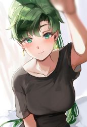 Rule 34 | 1girl, asymmetrical bangs, black shirt, blush, breasts, closed mouth, collarbone, earrings, fire emblem, fire emblem: the blazing blade, green eyes, green hair, high ponytail, highres, jewelry, large breasts, long hair, looking at viewer, lyn (fire emblem), nintendo, ormille, ponytail, shirt, short sleeves, smile