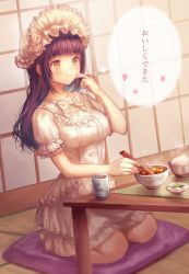 Rule 34 | 1girl, blunt bangs, bonnet, bow, bowl, bowtie, brown eyes, chopsticks, cup, eating, flower, hat, hat flower, holding, indoors, looking afar, nightgown, nishizawa, original, pillow, puffy short sleeves, puffy sleeves, purple hair, rice, rice bowl, rose, salad, seiza, short sleeves, sitting, sliding doors, solo, table, tatami, tea, teacup, text focus, thinking, thought bubble, translation request, white bow, white bowtie, white flower, white hat, white rose, yunomi