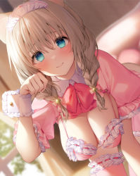 Rule 34 | 1girl, animal ears, bell, blonde hair, blue eyes, blurry, blurry background, blush, bow, bowtie, bra, breasts, bridal garter, cat ears, cleavage, closed mouth, dutch angle, feet out of frame, frills, indoors, jingle bell, large breasts, long hair, looking at viewer, low twintails, maid headdress, navy (navy.blue), original, paw pose, pink bow, pink bowtie, pink bra, puffy short sleeves, puffy sleeves, short sleeves, smile, solo, standing, twintails, underwear, white headwear, wrist cuffs
