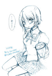 Rule 34 | 10s, 1girl, blue theme, blush, can, drink can, foreshortening, hair ornament, hairclip, juliet sleeves, long sleeves, looking at viewer, mahou shoujo madoka magica, mahou shoujo madoka magica (anime), miki sayaka, monochrome, puffy sleeves, school uniform, short hair, sitting, sketch, skirt, soda can, solo, tears, translation request