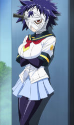 Rule 34 | 1girl, :&lt;, bandages, blue hair, bodysuit, bodysuit under clothes, breast hold, breasts, crossed arms, female focus, highres, knife, kurokami kujira, latex, latex suit, medaka box, naze youka, one eye covered, red eyes, school uniform, screencap, short hair, skirt, solo, standing, stitched, third-party edit, wall