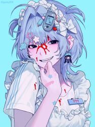 Rule 34 | 1girl, aegyo sal, ahoge, apron, black eyes, blood, blood on clothes, blood on face, blue background, blue hair, bow, breasts, cellphone, ear piercing, earrings, eyes visible through hair, fang, fish hair ornament, flip phone, frilled apron, frilled hairband, frills, furrowed brow, gyuing666, hair bow, hair intakes, hair ornament, hairband, half-closed eyes, hand on own chin, hand up, highres, jewelry, layered clothes, medium hair, mole, mole under eye, name tag, original, parted lips, phone, piercing, portrait, shirt, short sleeves, short twintails, single earring, smile, solo, star (symbol), star hair ornament, sticker on arm, sticker on hand, teeth, twintails, two side up, white apron, white bow, white hairband, white shirt
