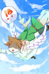 Rule 34 | !?, 2boys, angel, blonde hair, blue sky, bracelet, brown hair, cloud, creature, crossover, day, faceless, faceless male, falling, feathered wings, flying, green headwear, green shirt, hat, jewelry, kid icarus, link, male focus, midair, multiple boys, nintendo, ooccoo, open mouth, outdoors, outstretched arms, pants, pit (kid icarus), pointy ears, shirt, short hair, short sleeves, sky, speech bubble, spoken interrobang, surprised, sweat, the legend of zelda, the legend of zelda: twilight princess, ukata, white wings, wings