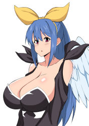 Rule 34 | 1girl, alternate breast size, angel wings, bare shoulders, black dress, blue hair, blush, bow, breasts, cleavage, collarbone, detached sleeves, dizzy (guilty gear), dress, fuuma (bangolga1), guilty gear, guilty gear 2, hair between eyes, hair bow, huge breasts, long hair, looking at viewer, mature female, open mouth, ponytail, red eyes, sidelocks, single wing, wings, yellow bow