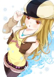 Rule 34 | 10s, 1girl, bad id, bad pixiv id, bare shoulders, black thighhighs, blonde hair, brown eyes, cabbie hat, detached sleeves, dress, eyelashes, hanata, hat, highres, jewelry, karina lyle, long hair, nail polish, necklace, sleeveless, sleeveless dress, snowflakes, solo, thighhighs, tiger &amp; bunny, vest, zettai ryouiki