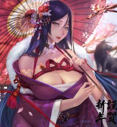 Rule 34 | 1girl, bare shoulders, blurry, breasts, cherry blossoms, cleavage, depth of field, fate/grand order, fate (series), gtunver, hair ornament, highres, japanese clothes, kimono, large breasts, long hair, looking at viewer, minamoto no raikou (fate), oil-paper umbrella, parted lips, petals, purple hair, smile, solo, umbrella, very long hair
