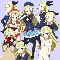 Rule 34 | 10s, 1girl, :t, ;d, ;o, adapted uniform, alternate costume, arm behind back, assam (girls und panzer), bikini, bikini top only, black footwear, black neckwear, black pantyhose, black ribbon, blonde hair, blue background, blue capelet, blue eyes, blue skirt, blue sweater, blush, bow, bowtie, breasts, brown coat, cape, capelet, cleavage, closed mouth, coat, commentary request, covering face, cup, dress shirt, emblem, food, frilled skirt, frills, from side, front-tie bikini top, front-tie top, gift, girls und panzer, gloves, gluteal fold, hair ribbon, holding, holding cup, holding gift, ichinose jun, idol, leg up, long hair, long sleeves, looking at viewer, looking away, medium breasts, microskirt, miniskirt, navel, necktie, one eye closed, open mouth, pantyhose, plaid, plaid skirt, pleated skirt, pocky, pocky kiss, pout, reaching, reaching towards viewer, red bikini, red cape, red gloves, red skirt, ribbon, santa costume, school uniform, shared food, shirt, shoes, sitting, skirt, smile, st. gloriana&#039;s (emblem), st. gloriana&#039;s military uniform, st. gloriana&#039;s school uniform, standing, standing on one leg, sweater, swimsuit, thigh gap, v-neck, valentine, white bikini, white shirt, wing collar