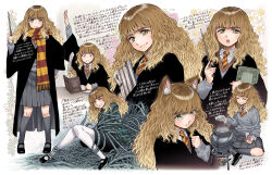 Rule 34 | 1girl, angry, animal ear fluff, animal ears, black footwear, black socks, blush, brown hair, cat ears, cauldron, closed eyes, closed mouth, full body, green eyes, grey skirt, grey sweater, hair between eyes, harry potter (series), hermione granger, highres, knees together feet apart, long hair, long sleeves, looking at viewer, multiple views, necktie, one eye closed, open mouth, pantyhose, pleated skirt, restrained, scarf, school uniform, shoes, sitting, skirt, smile, socks, standing, striped clothes, striped scarf, sweater, takanashi ringo, tentacles, text focus, translation request, upper body, wand, wavy hair, white pantyhose, wizarding world
